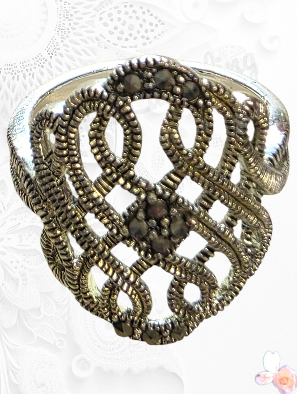 Vintage 1970s TH Marcasite Scroll Filigree Silver Tone Statement Ring 8.75